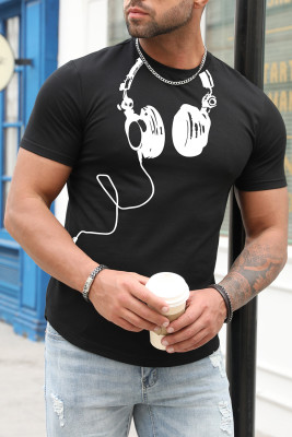 Black Headphone Graphic Print Crewneck Men's T-shirt