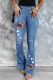 Sky Blue American Sunflower Pattern Distressed Flare Jeans