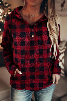 Red Plaid Button Collar Drawstring Pullover Hoodie