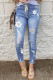 Sky Blue Floral Print Distressed Drawstring High Waist Ankle Jeans