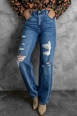 High Waist Distressed Straight Leg Jeans