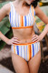 Multicolor Striped Print U Neck Mid Waist Bikini Swimsuit