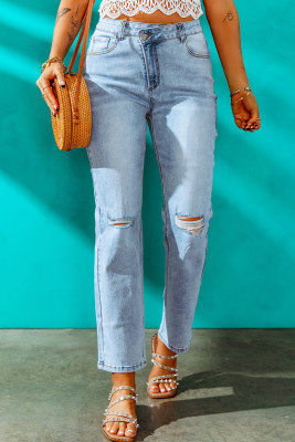 Sky Blue High Rise Distressed Crossed Waist Jeans