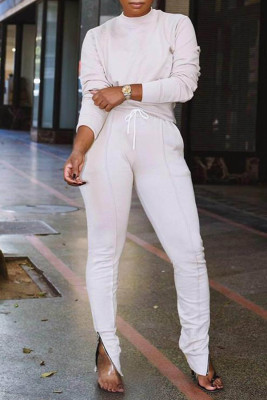 White Crew Neck Solid Top and Drawstring Slit Pant Set