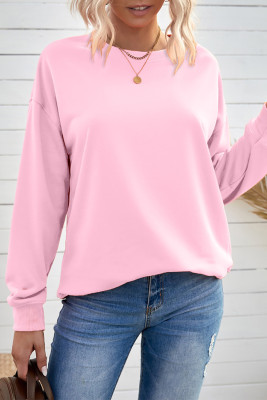Pink Plain Crew Neck Pullover Sweatshirt