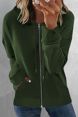 Зеленое пальто на молнии с капюшоном и карманом