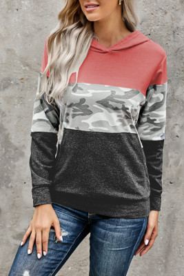 Red Camo Colorblock Casual Pullover Hoodie