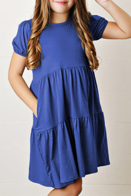 Blue Little Girl Tiered T Shirt Dress with Pockets