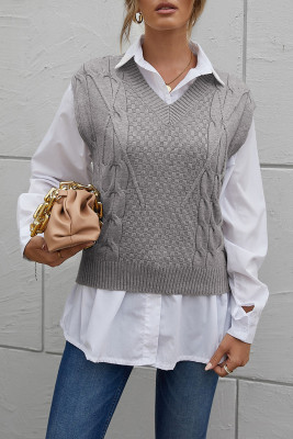 Gray V-Neck Twist Knitted Vest Sweater