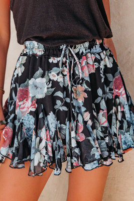 Black Floral Print Flounce Drawstring High Rise Mini Skirt