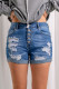 Blue Distressed Patchwork Button Fly Denim Shorts