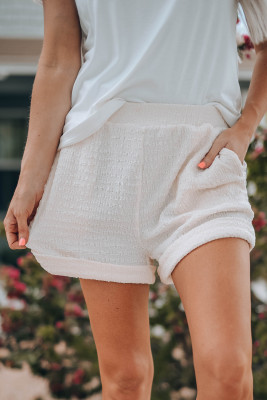 White Textured Knit Fold Hem Shorts