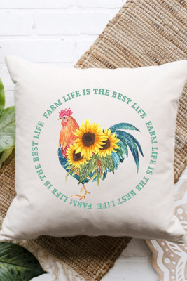 Beige FARM LIFE IS THE BEST LIFE Sunflower Rooster Graphic Pillow Cover