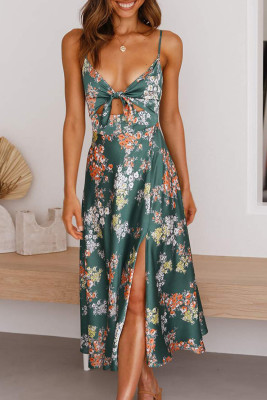 Green Floral Print Bust Knot Long Dress with Slit