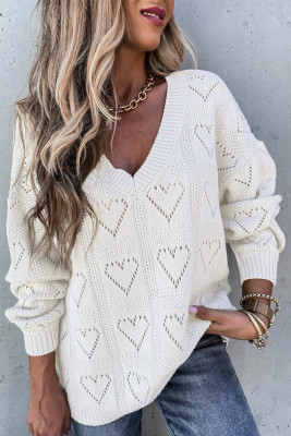 White Heart Shape Hollow-out Knit Sweater