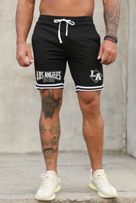 Black LOS ANGELES Graphic Print Drawstring Men's Casual Shorts
