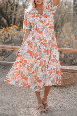 Оранжевое свободное платье с короткими рукавами и принтом акварельных листьев