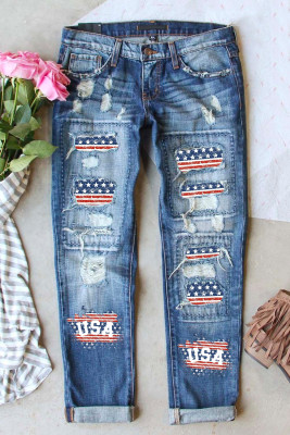 Calça jeans desgastada com emenda de bandeira azul céu dos EUA