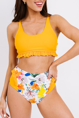 Yellow Ruffle Floral Print High Waist Bikini Set