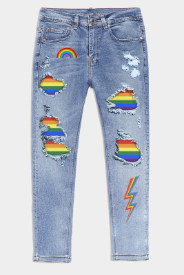 Sky Blue Rainbow Print Patchwork Skinny Distressed Men's Jeans