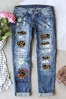 Jeans Sky Blue Leopard Sunflower Patchwork Afligido