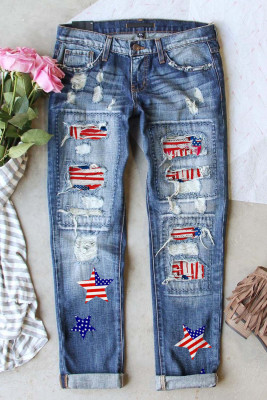 Jeans azul celeste bandeira americana estrela patchwork afligido