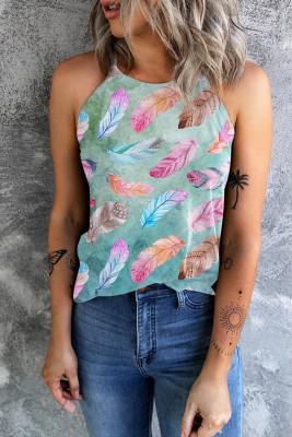 Feather Print Slim Fit O-neck Tank Top