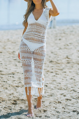 White Crochet Knitted Tassel Beach Cover Up