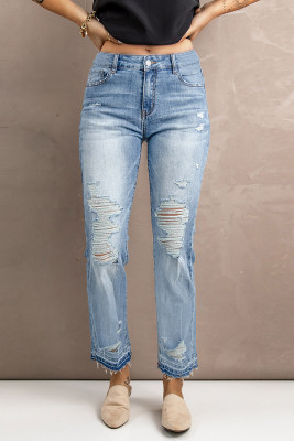 Небесно-голубые потертые прямые джинсы с завышенной талией и эффектом потертости