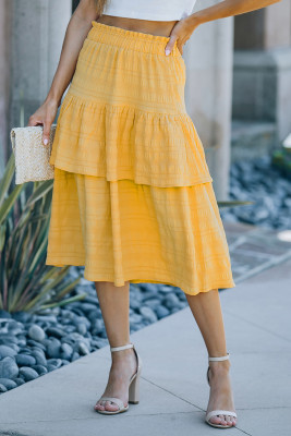 Yellow Textured Pleated Layered Midi Skirt