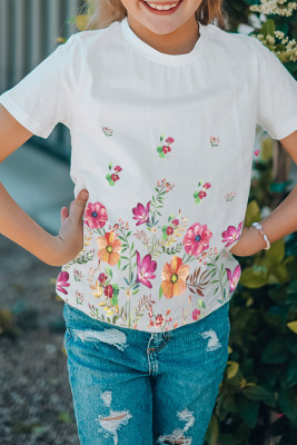 Белая семейная футболка с круглым вырезом для девочек с цветочным принтом