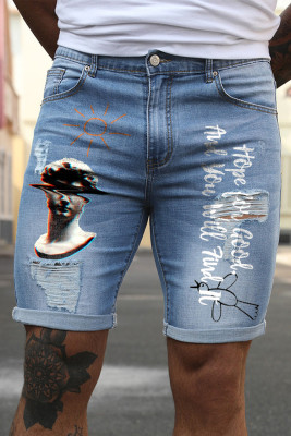 Sky Blue Letters Graphic Print Skinny Fit Distressed Men's Denim Shorts