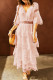 Розовое длинное платье с прозрачным кружевом и нашивкой в ​​горошек с принтом