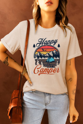 Футболка цвета хаки Happy Camper с круглым вырезом и буквенным принтом