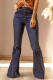 Blue Button Raw Hem Flared Jeans with Pockets