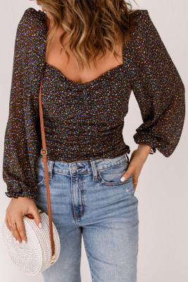 Brown Floral Print Puff Sleeve Blouse