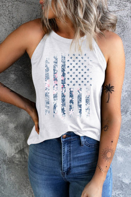 White Floral Distressed American Flag Print Graphic Tank Top