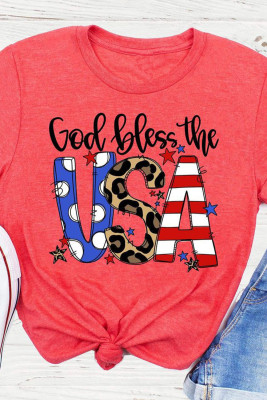 Red God Blessed The USA Flag Pattern Printed Graphic Tee