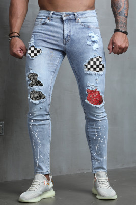 Sky Blue Plaid Pattern Patchwork Ripped Skinny Men's Jeans