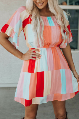 Multicolor Color Block Ruffled Elastic Waist Mini Dress