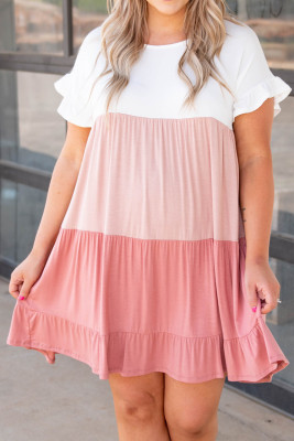 Pink Colorblock Tiered Ruffled Plus Size Dress