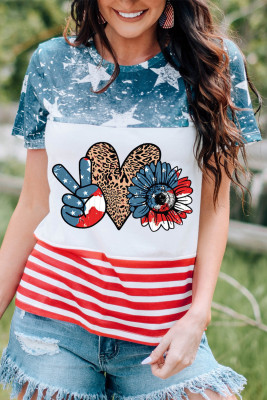 Multicolor American Flag Sunflower Heart Color Block Graphic Tee
