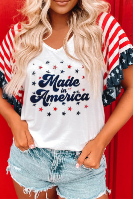 White Made In America Stripe Star Print Ruffled Short Sleeve Top