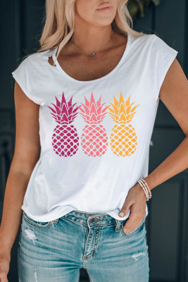 White Pineapple Pattern Print Crew Neck Graphic Tee