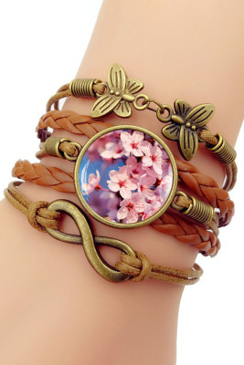 Brown Braided Cherry Blossoms Layered Bracelet