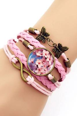 Pink Braided Cherry Blossoms Layered Bracelet