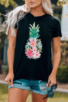 Black Flower Pineapple Graphic Print Crew Neck T Shirt