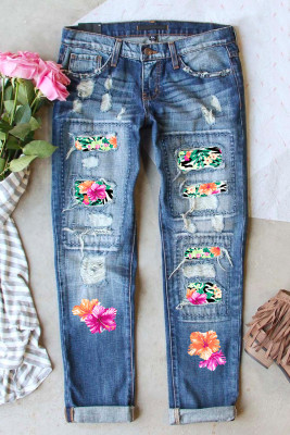 Sky Blue Flower Pattern Print Splicing Distressed Jeans