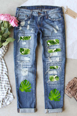 Sky Blue Palm Leaves Pattern Patchwork Distressed Jeans