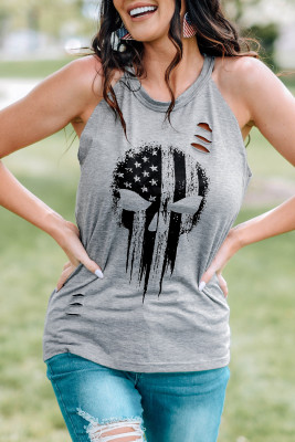 Gray Casual National Flag Skull Skeleton Print Cut Out Graphic Tank Top